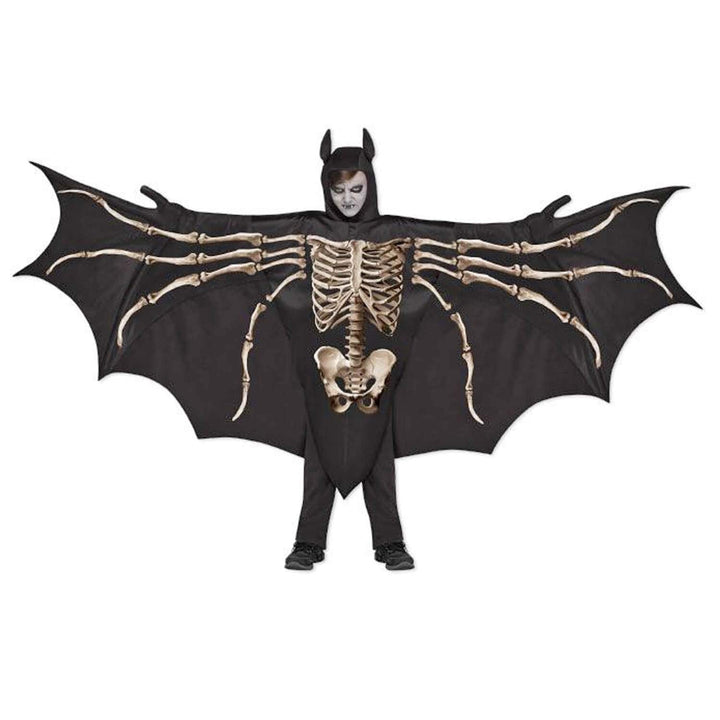 A child wearing a black bat costume with large bat wings, a skeleton print across the chest and torso, and a hood with bat ears, standing against a plain white background.