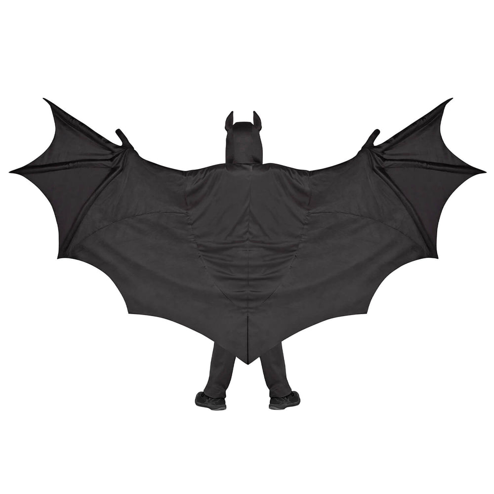 A person wearing a black bat costume viewed from the back, with large spread wings and a pointed bat headpiece on a plain white background.