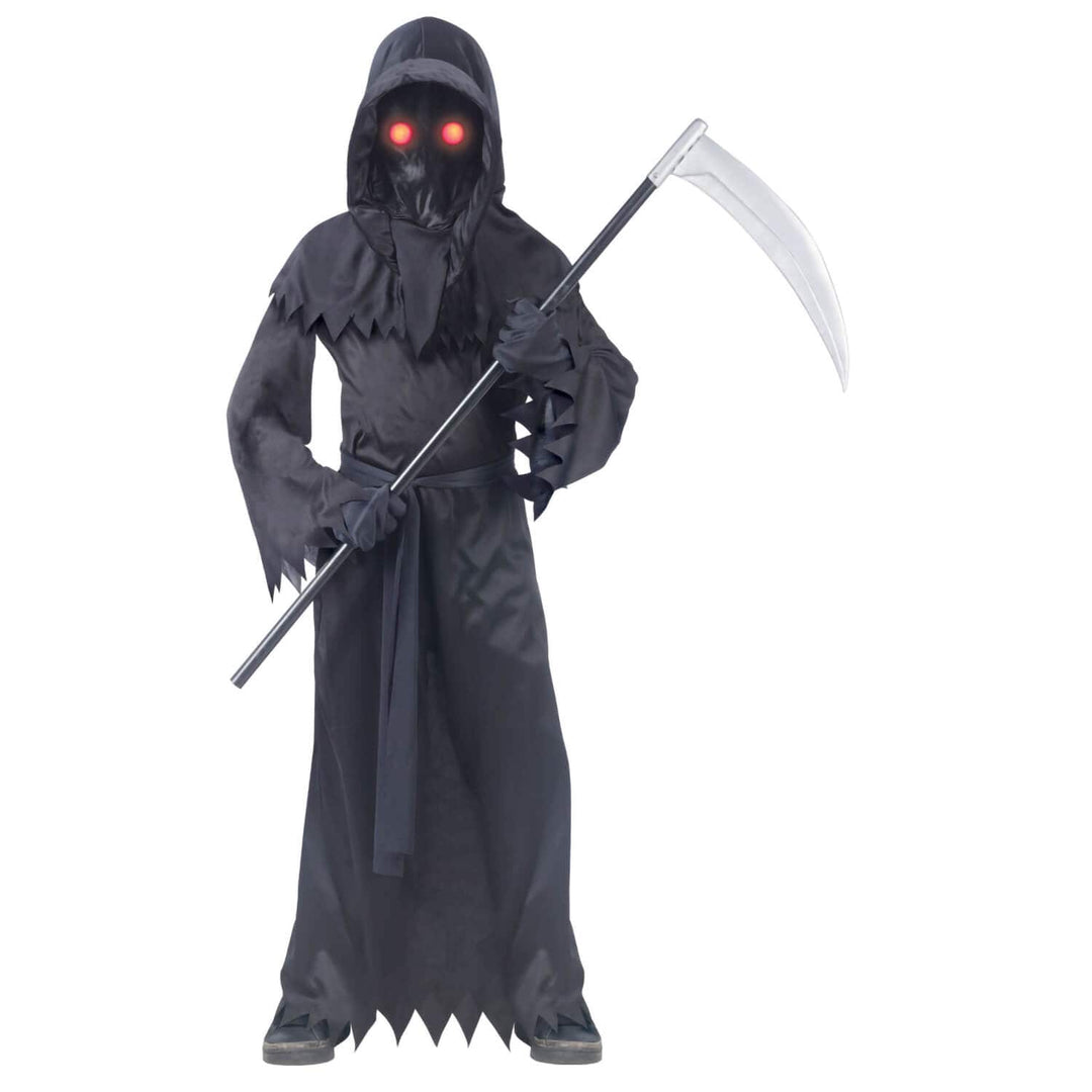 Costume of a grim reaper with a hood and red glowing eyes on a white background