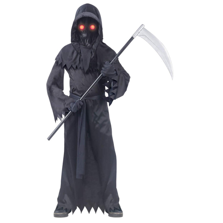 Costume of a grim reaper with a hood and red glowing eyes on a white background