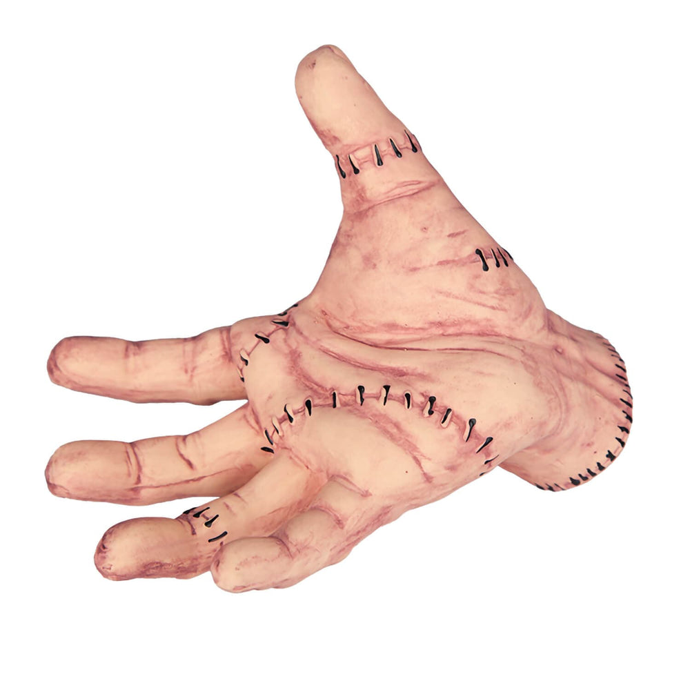 Gore-themed hand with black stitches markings on a white background