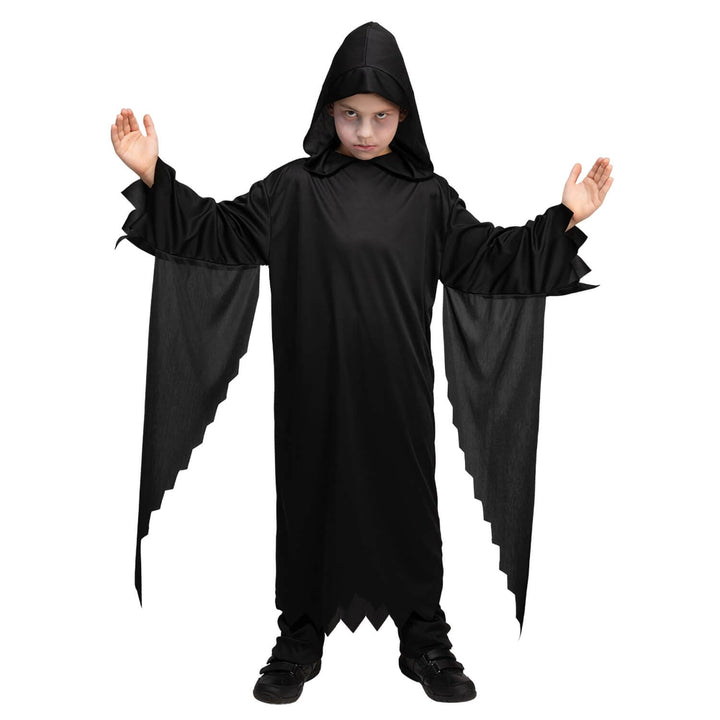Child wearing a black hooded costume with long jagged edge sleeves on a white background