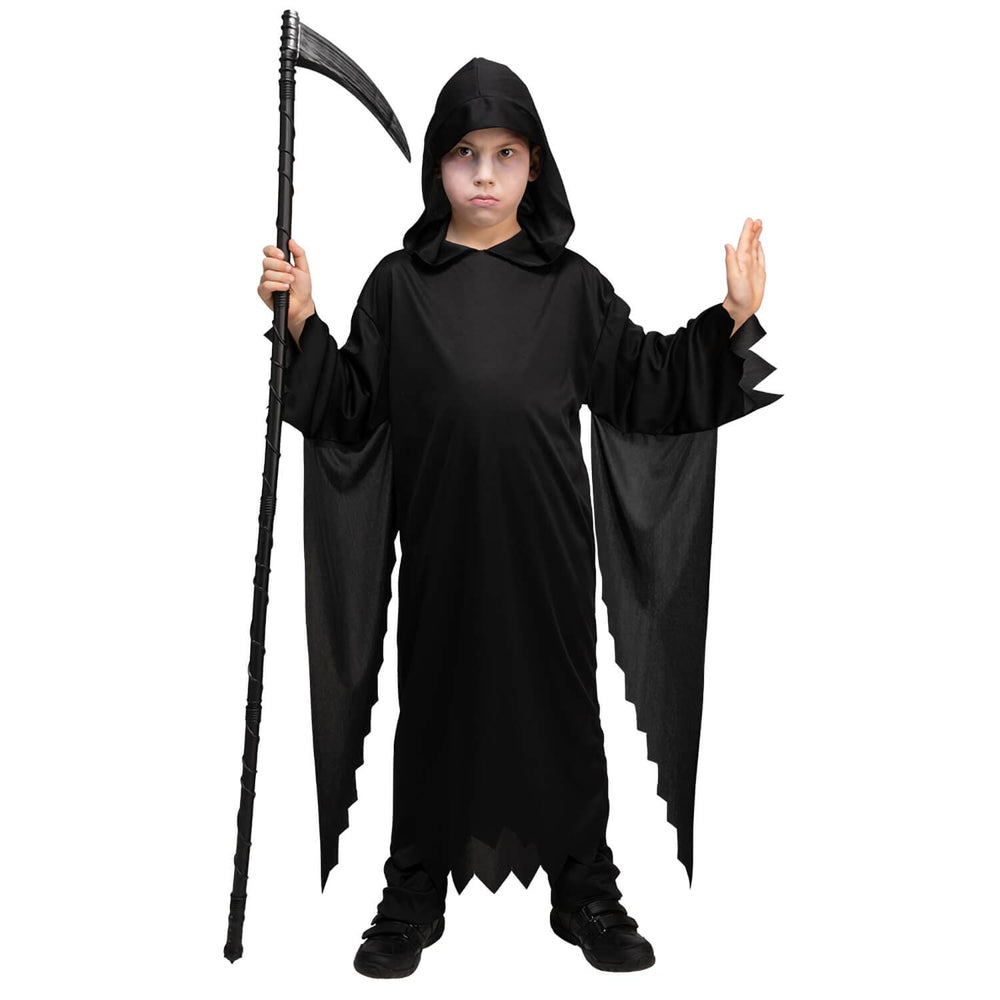 Child wearing a black hooded phantom costume with a long black scythe on a white background