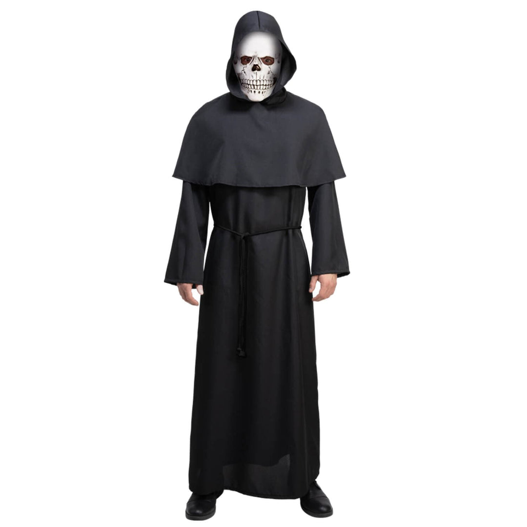 A person wearing a grim reaper Halloween costume consisting of a long black hooded robe with a drawstring waist and a white skull mask, photographed against a plain white background.