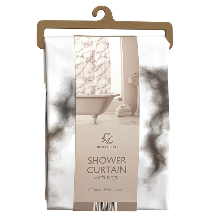 A packaged grey and white marble pattern shower curtain with rings by Bath &amp; Shower, hanging on a cardboard hanger.