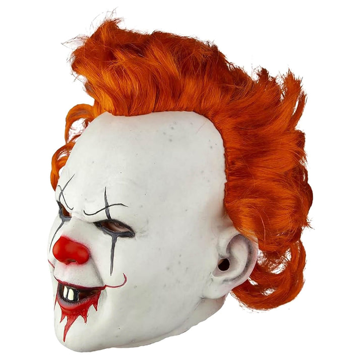 Side view of a red haired clown mask with red nose and bloodied mouth for scary clown costumes