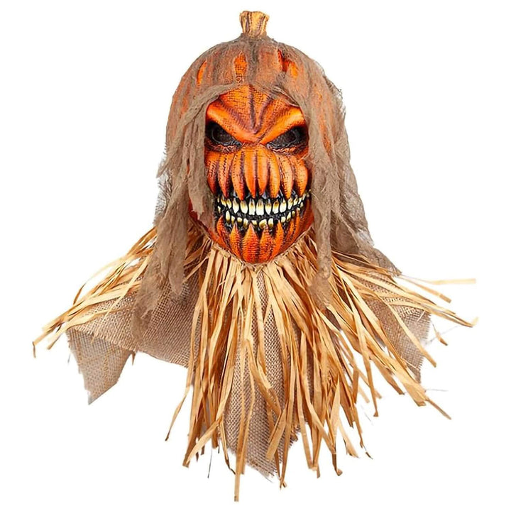 A scary Halloween scarecrow mask with a carved orange pumpkin face, sharp teeth, and straw hair and body, isolated on a white background.
