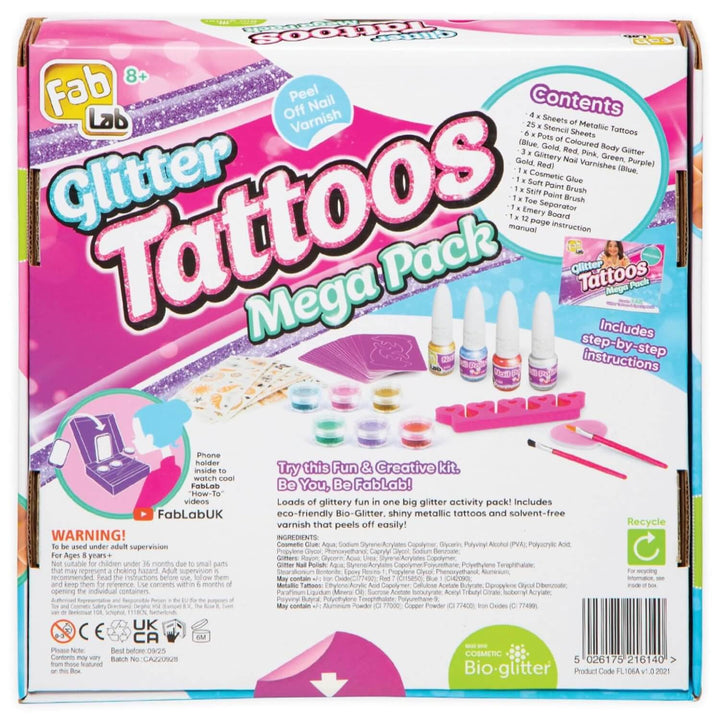 Back of the packaging for Glitter Tattoos Mega Pack showing contents