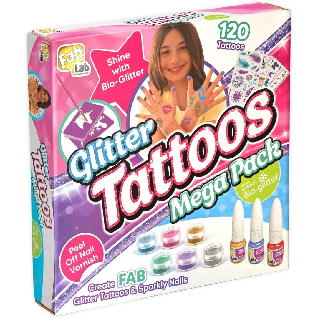 Box packaging of Glitter Tattoos Mega Pack with body glitter and nail varnish
