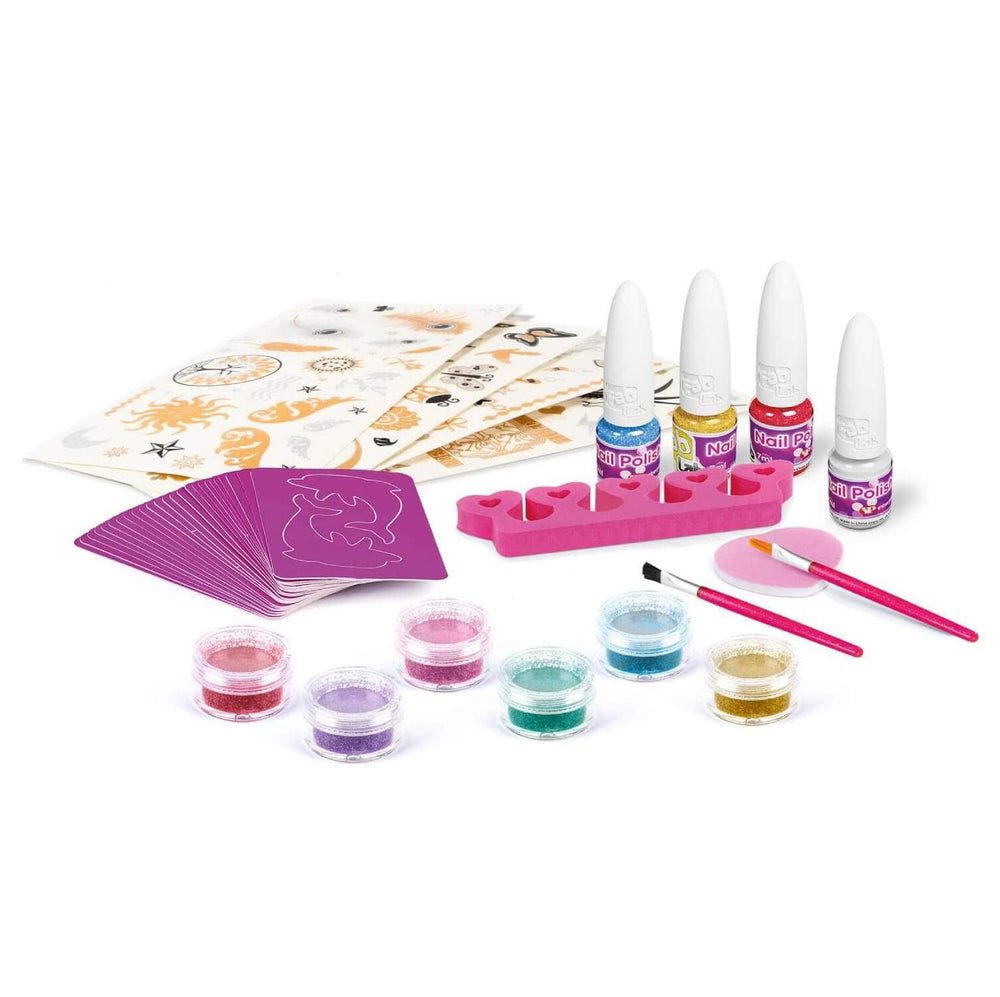 Contents of Glitter tattoos Mega Pack with stencils and body glitter pots
