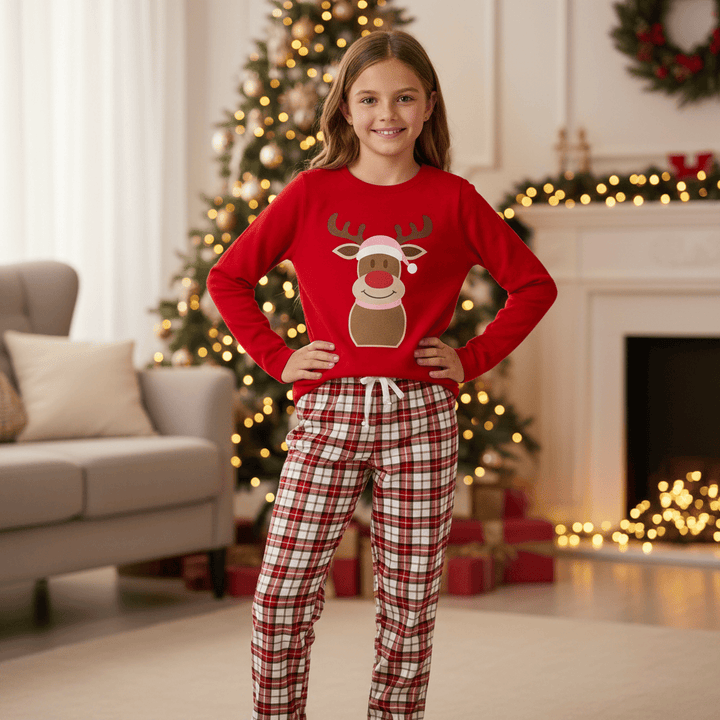 Kids Christmas Pyjama Set Rudolph Top Pink Red