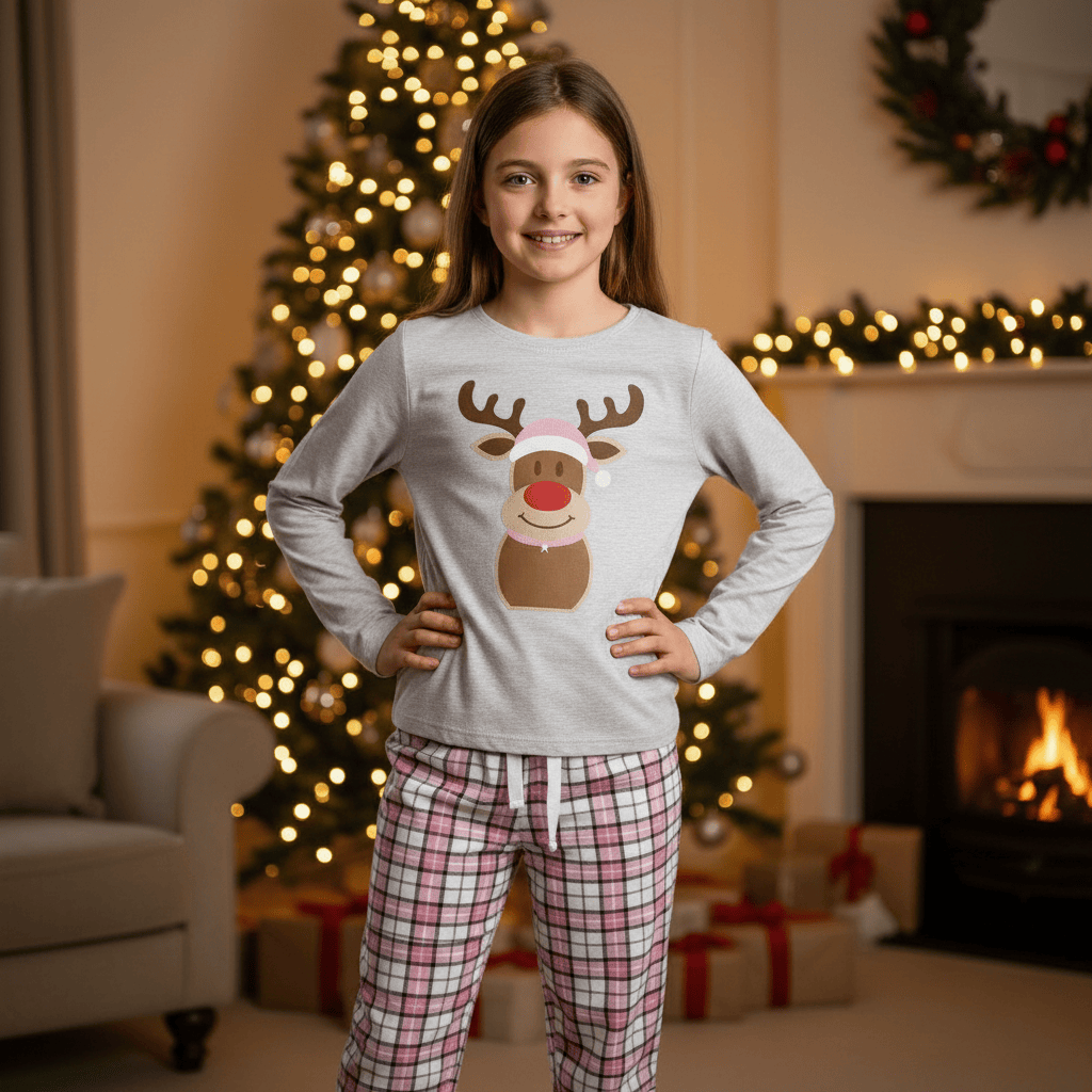 Kids Christmas Pyjama Set Rudolph Top Pink Red