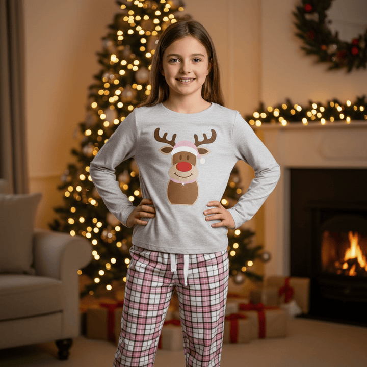 Kids Christmas Pyjama Set Rudolph Top Pink Red