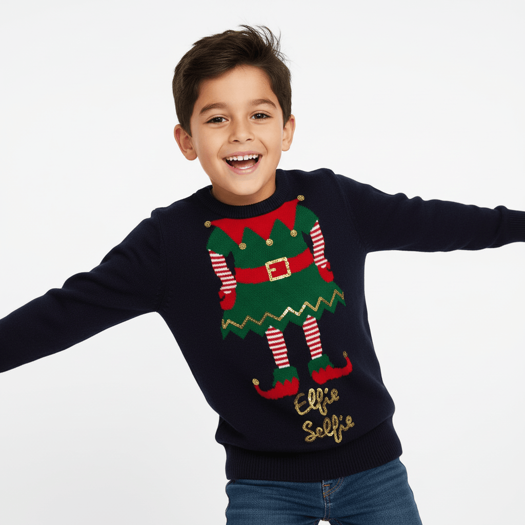 Child wearing a festive sweater with elf design on a plain background