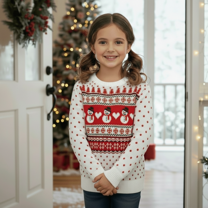 Young girl wearing a red and white Christmas sweater with snowmen and snowflakes, standing in a decorated room.