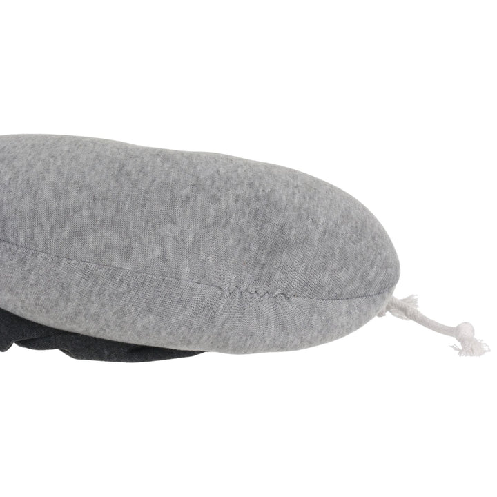 side view of neck pillow with white drawstring for the hood