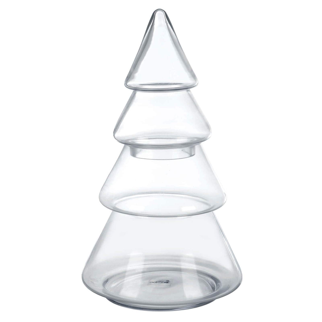 4 tier glass christmas tree shaped storage jar on white background