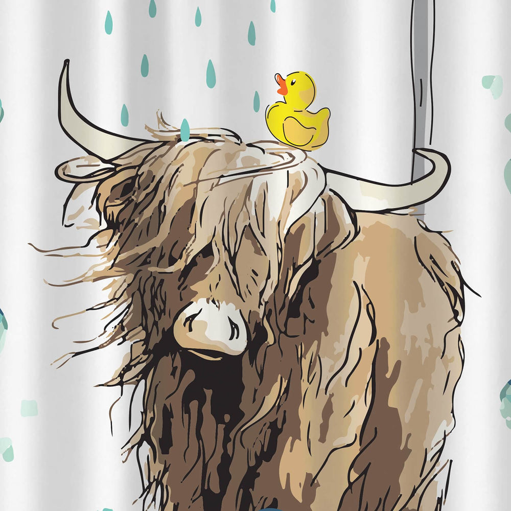 Close up of a shower curtain design Highland cow with a yellow duck on its head