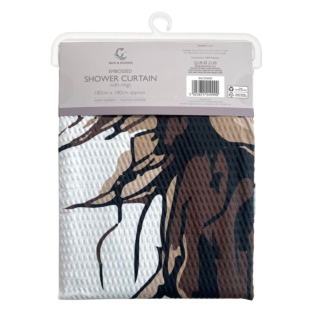 Back of packaging of embossed shower curtain with highland cow design