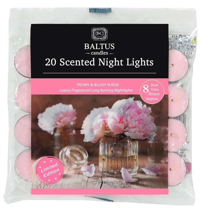 Baltus 20 Pack of Scented Tealight Night Lights Candles 8hr Burn Peony &amp; Blush Suede