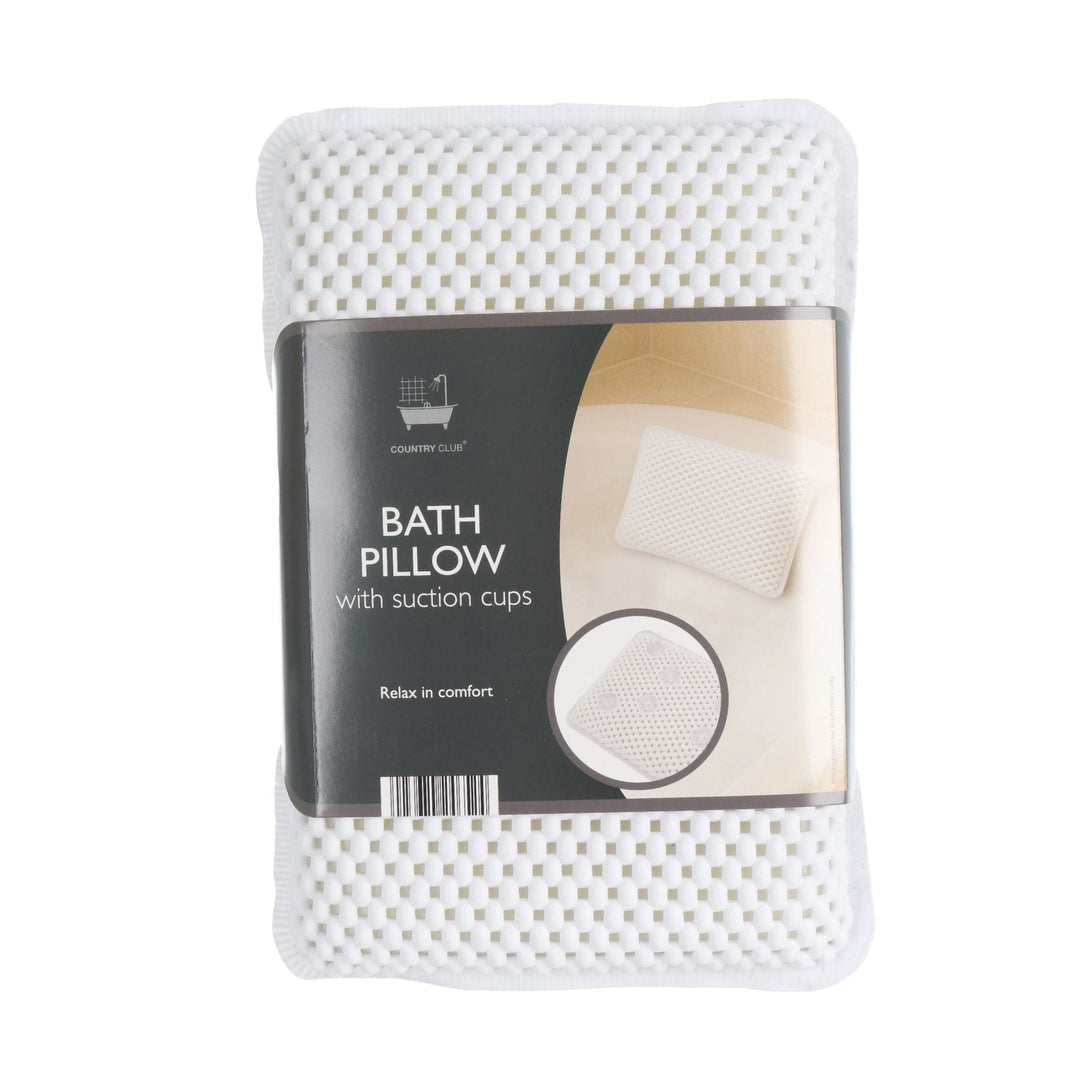 close up of bath pillow with cardboard brand sleeve showing 'country club' and 'relax in comfort'