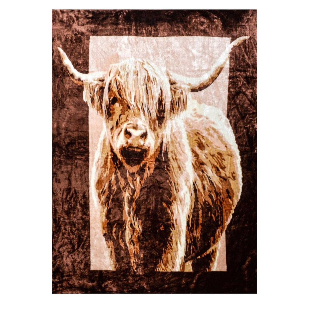 large brown blanket throw featuring highland cow animal design