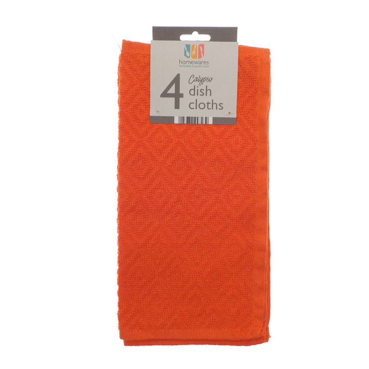 4 pack of orange dish clothes with geometric woven pattern in brand sleeve on white background