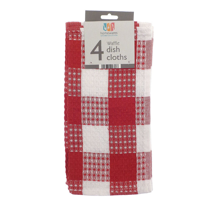 pack of 4 waffle dish cloths with red and white checkered pattern with grey brand sleeve on a white background
