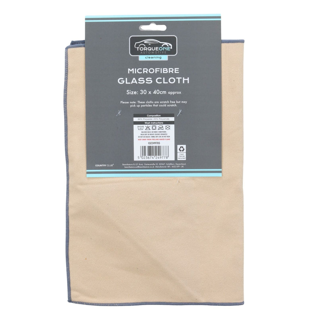 Beige microfibre glass cloth with packaging on a white background