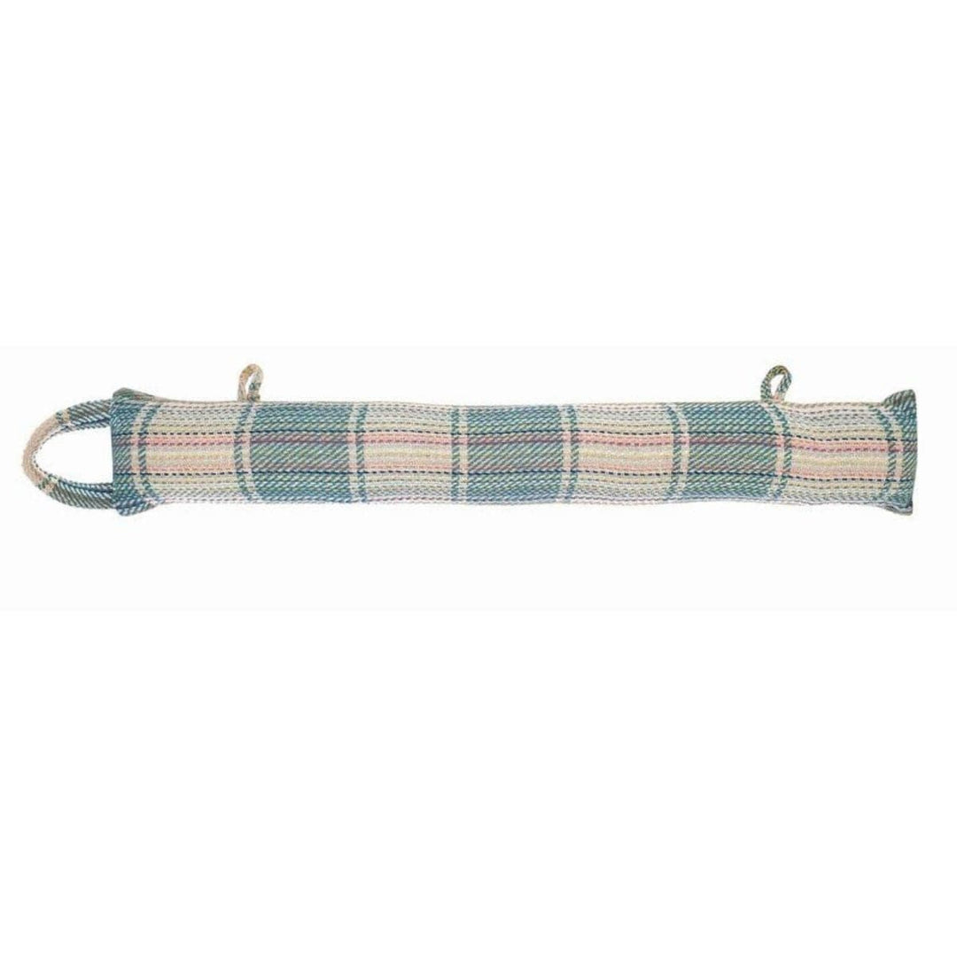 draught excluder with blue check pattern
