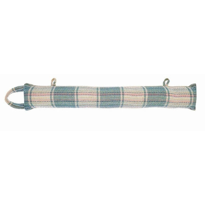 draught excluder with blue check pattern