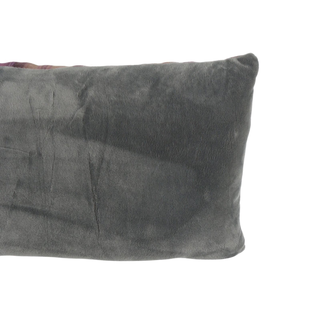 reverse view of fleecy draught excluder with grey solid back on white background