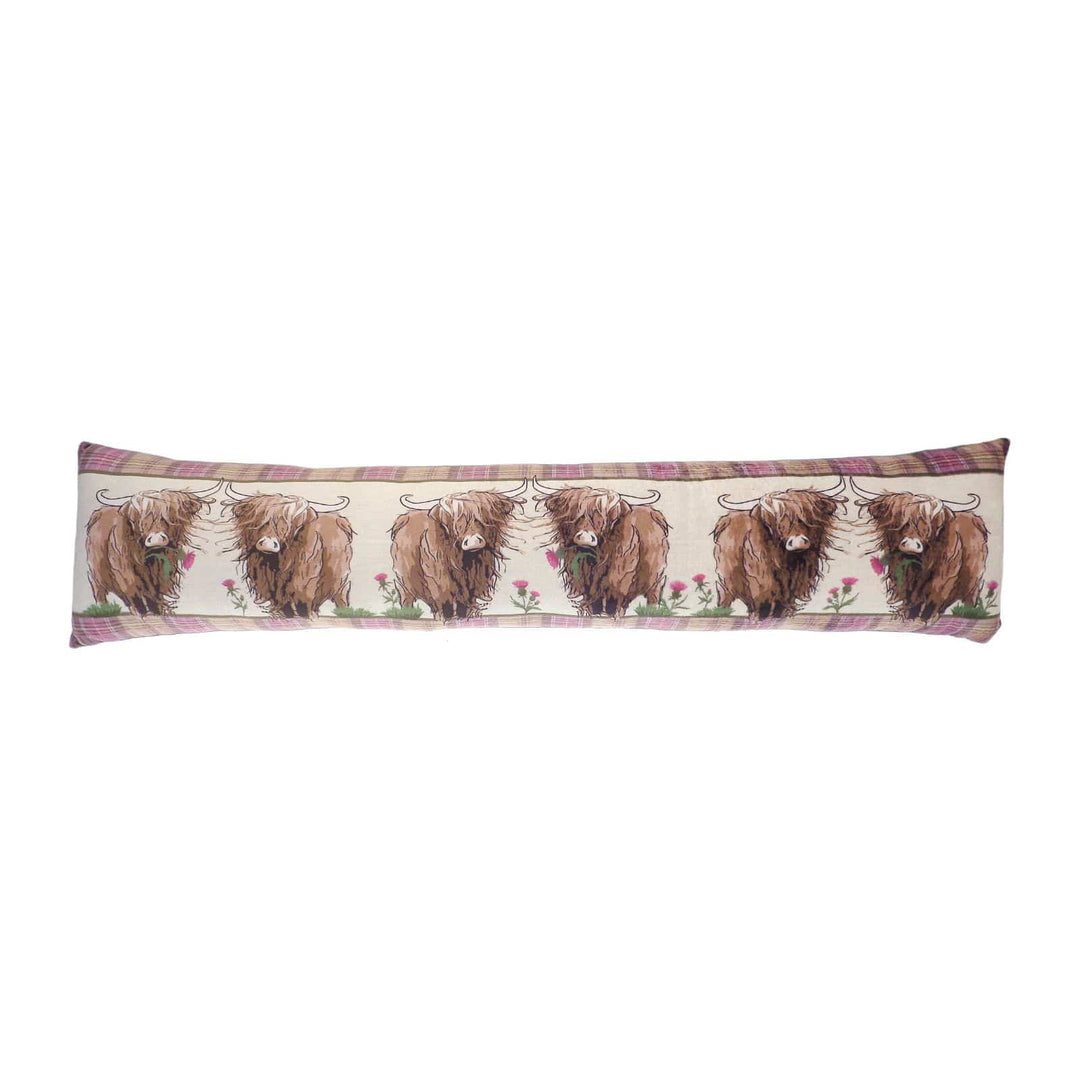 draught exclusider featuring 6 highland cows, 3 holding thistles and purple tartan edge on white background