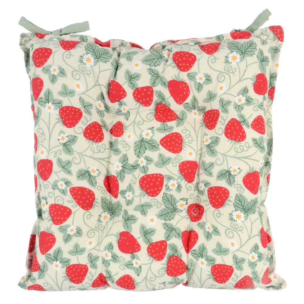 Square seat cushion with strawberry pattern on a white background