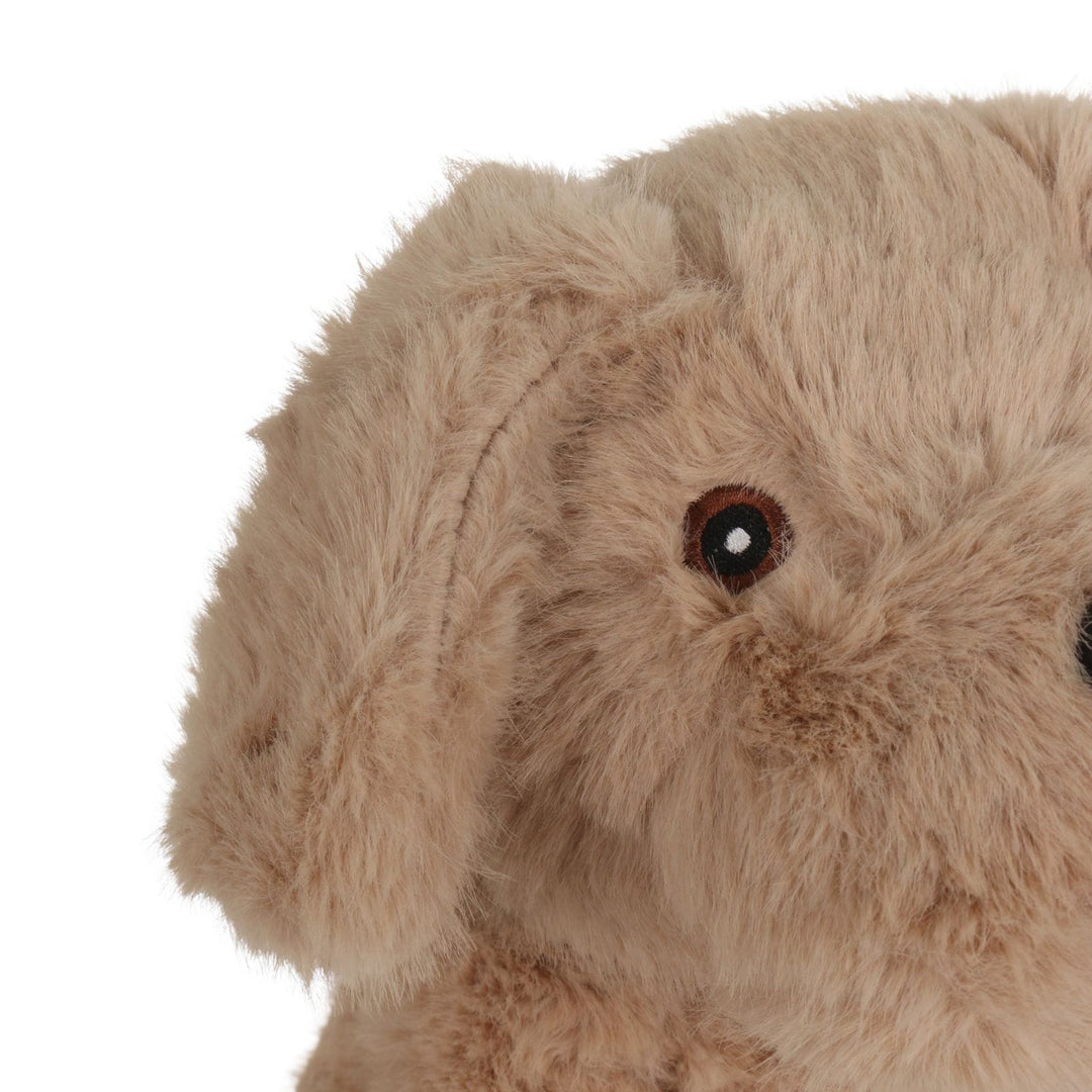 close up of dog door stop eyes featuring stitched details in black, brown and white colours