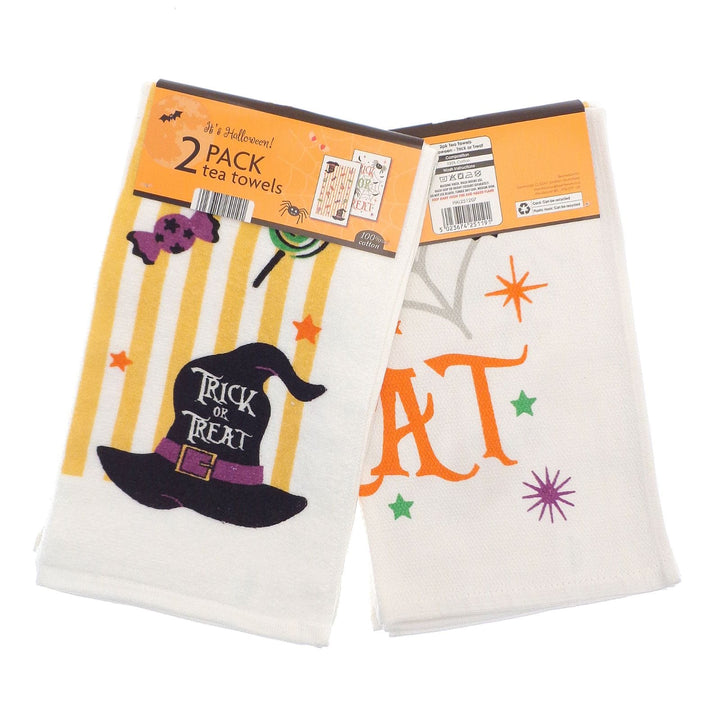 A 2-pack of Halloween-themed tea towels on a white background. One towel features a yellow and white striped background with a black witch hat graphic and the words &