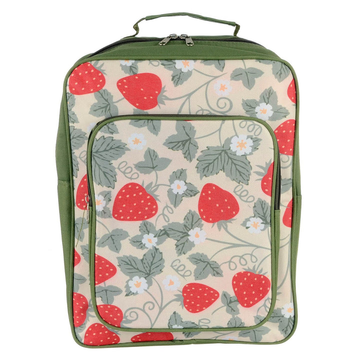 Strawberry pattern backpack with green trim and handle on a white background