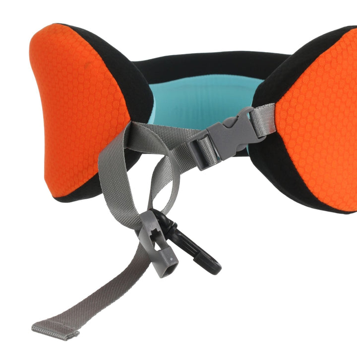 close up of adjustable clips and storage clips on orange coloured neck pillow