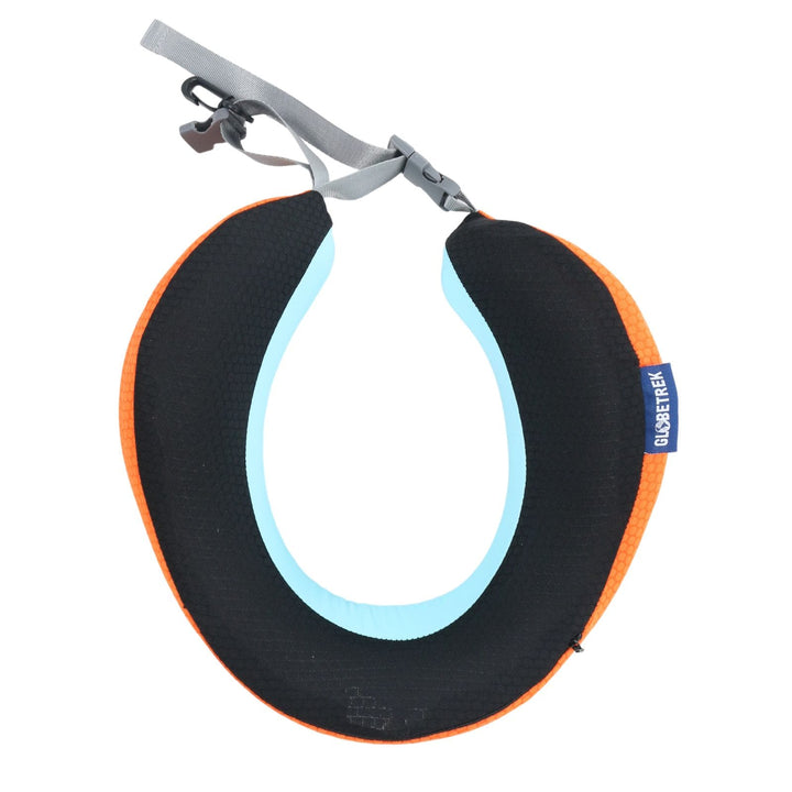 top view of memory foam neck pillow with orange and black mesh cover