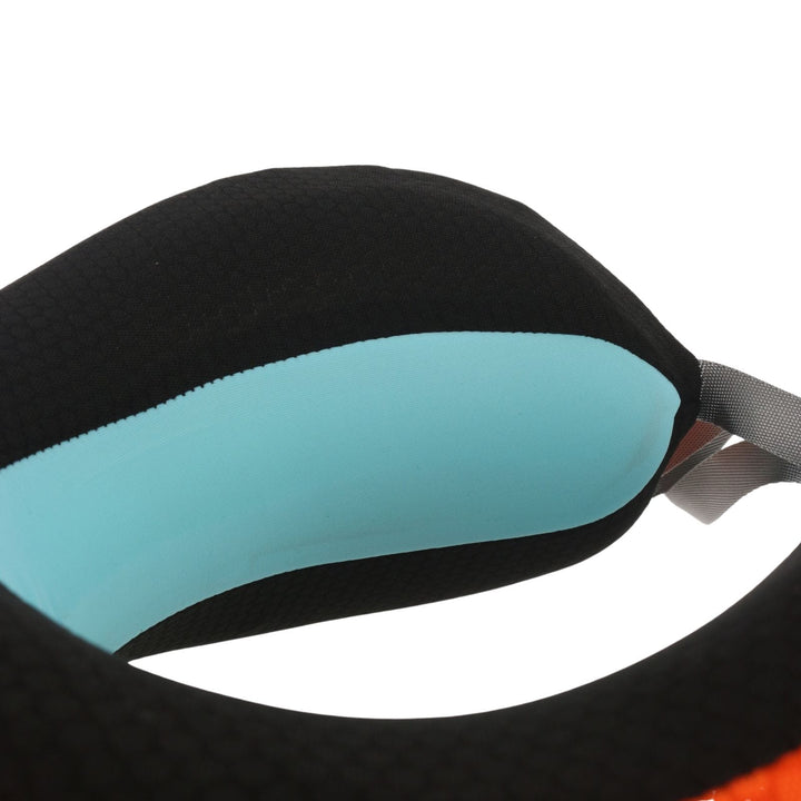 close up of cool touch blue fabric on neck pillow inner