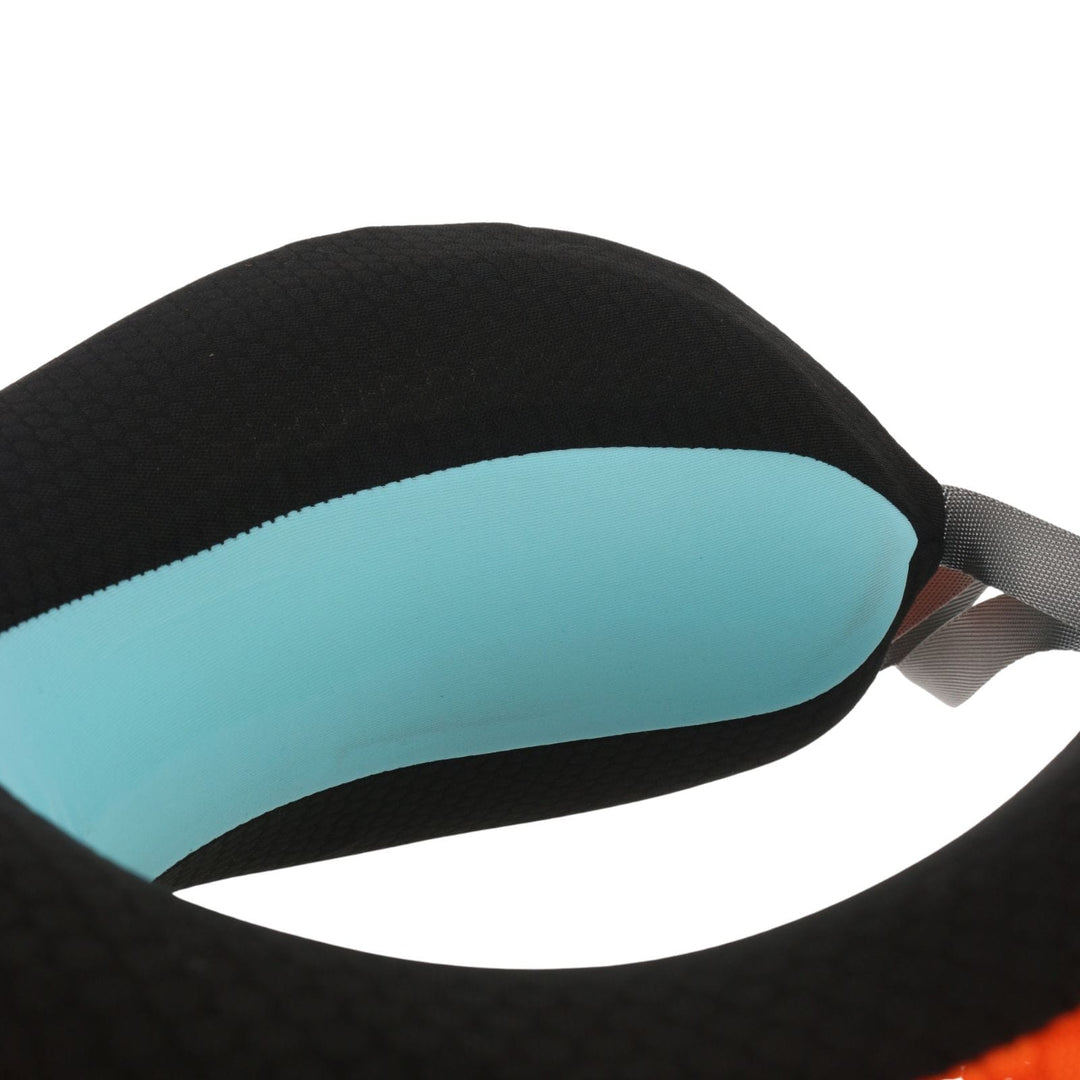 close up of cool touch blue fabric on neck pillow inner