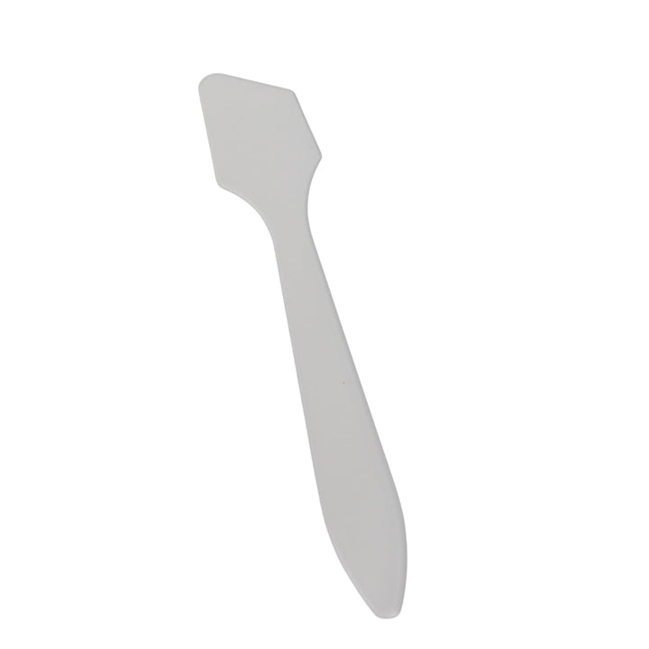 A light gray plastic spatula with a long handle and a wide, slightly angled head, shown against a plain white background.