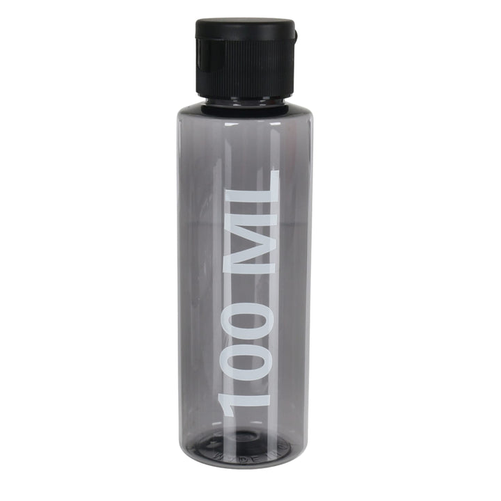 A 100 ml clear plastic water bottle with a black screw cap, featuring &