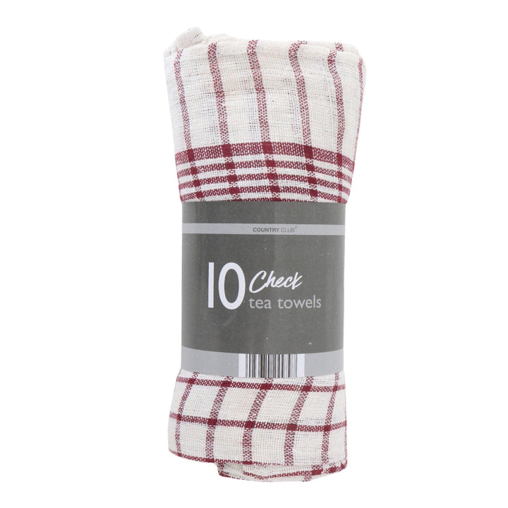 Pack of 10 checkered tea towels with a wine red and white pattern on a white background.