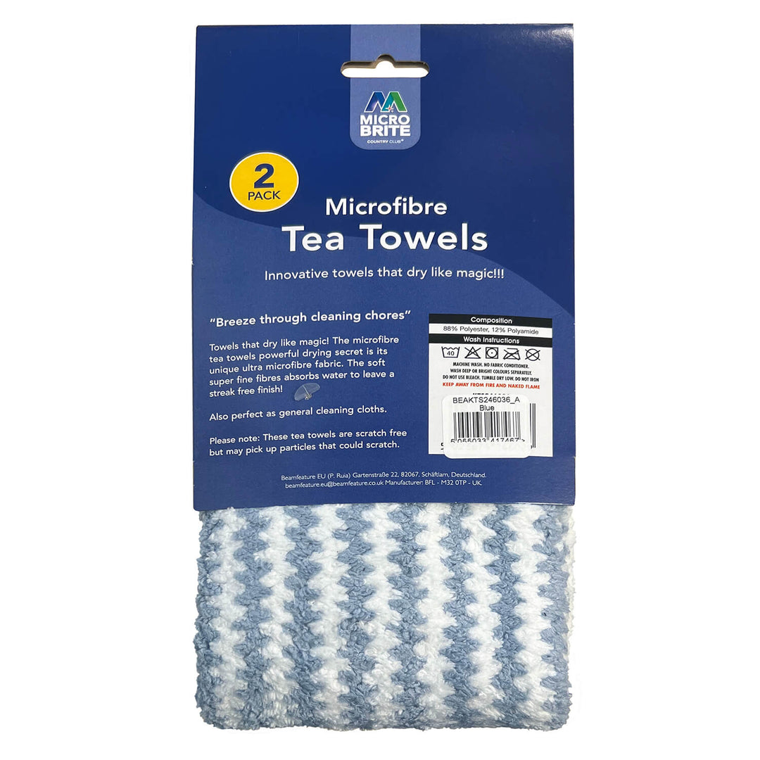 Bakc of a pack of 2 microfibre tea towels on blue and white stripe
