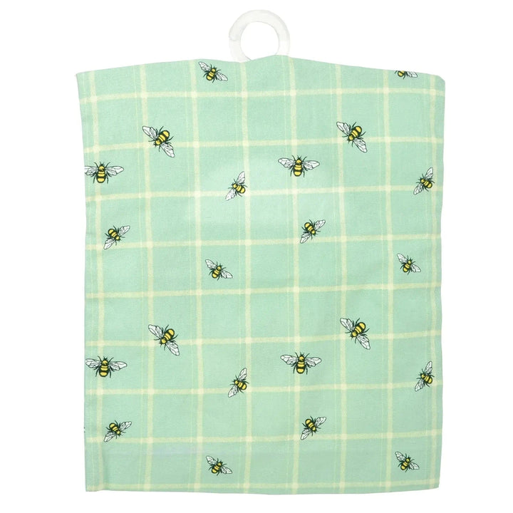 Back of a peg bag with bumblebees and green checked pattern