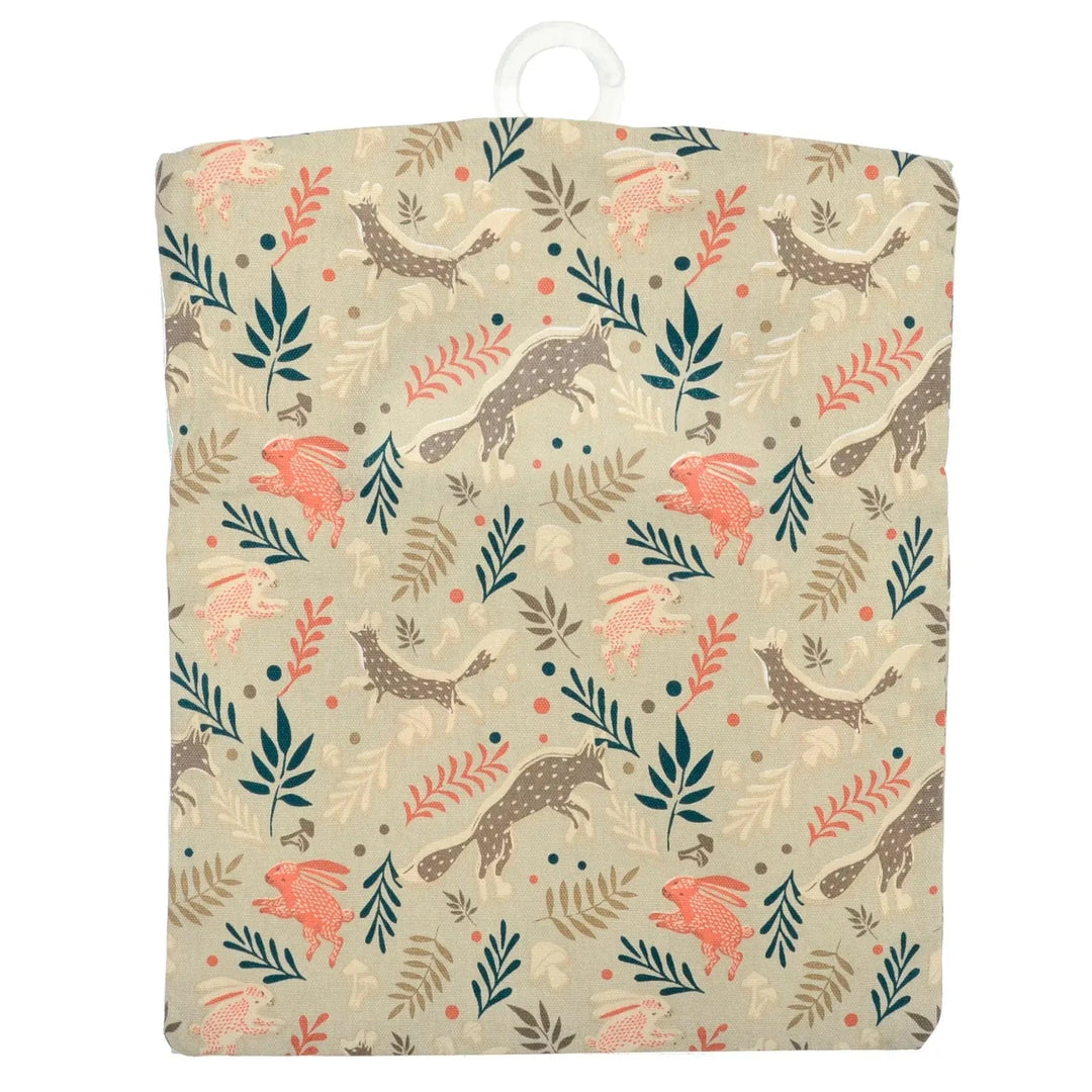Woodland creatures peg bag with hares foxes mushrooms and leaves pattern on beige cotton