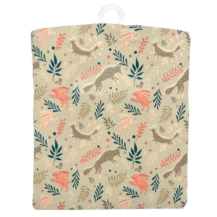 Woodland creatures peg bag with hares foxes mushrooms and leaves pattern on beige cotton
