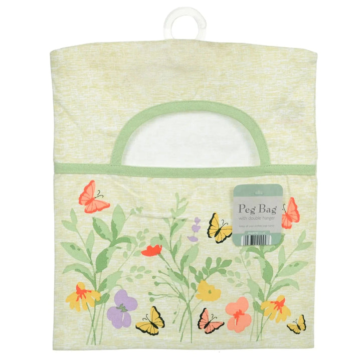 Peg bag with floral and butterfly design on beige cotton with green trim