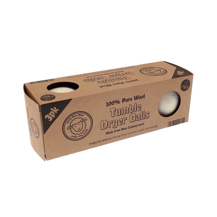 Box of 100% pure wool tumble dryer balls with branding on a white background